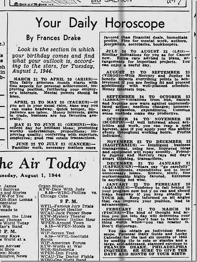 Aug. 1, 1944, Horoscope Aug. 1, 1944, Horoscope