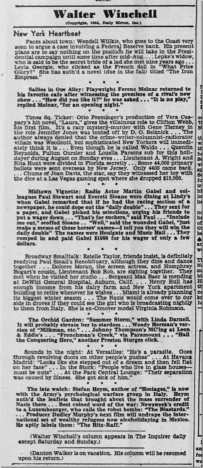 July 31, 1944, Walter Winchell 