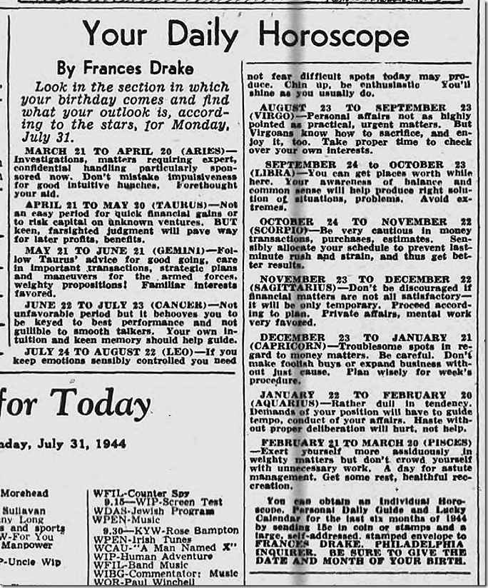 July 31, 1944, Horoscope 