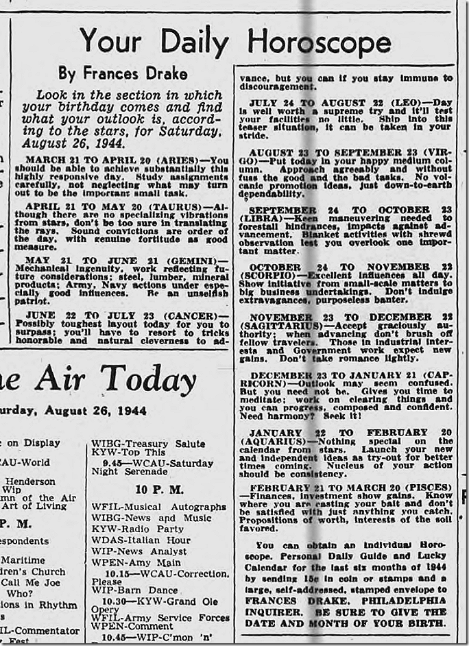 Aug. 26, 1944, Horoscope Aug. 26, 1944, Horoscope