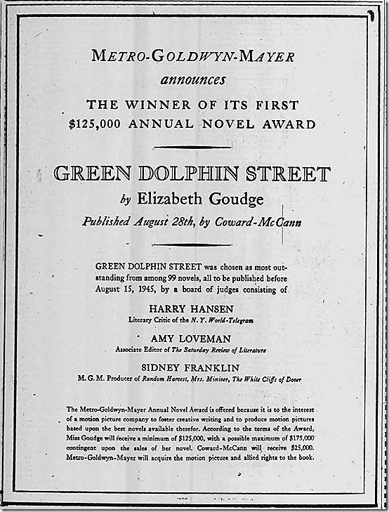Sept. 3, 1944, MGM Novel Award Sept. 3, 1944, MGM Novel Award