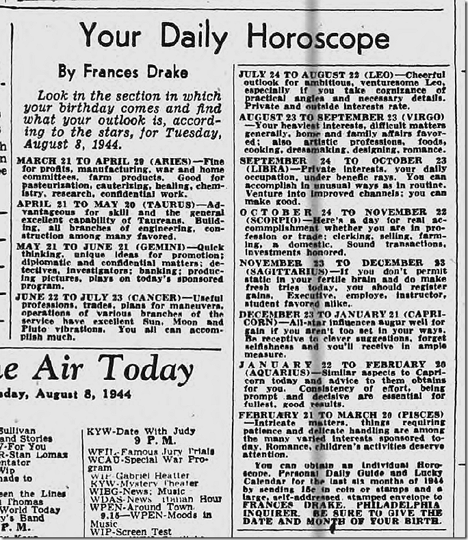 Aug. 8, 1944, Horoscope Aug. 8, 1944, Horoscope