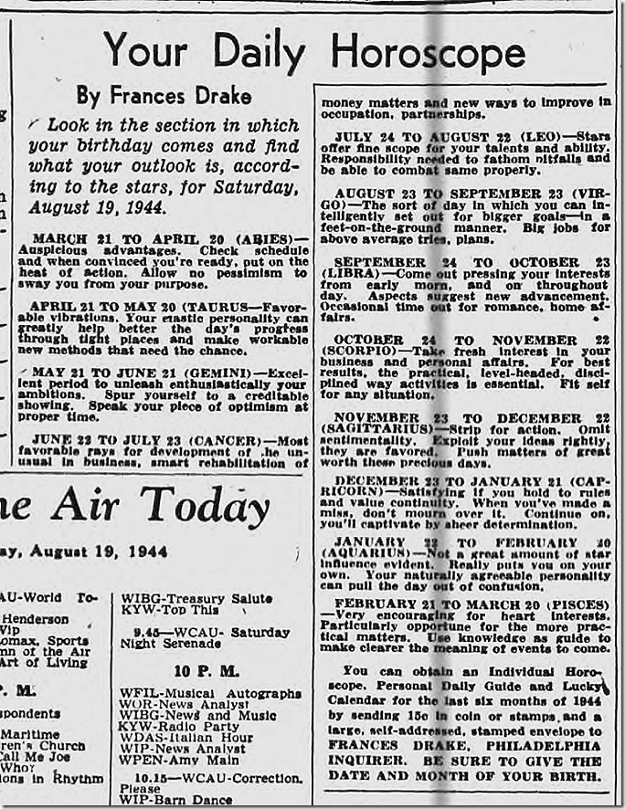 Aug. 19, 1944, Horoscope Aug. 19, 1944, Horoscope