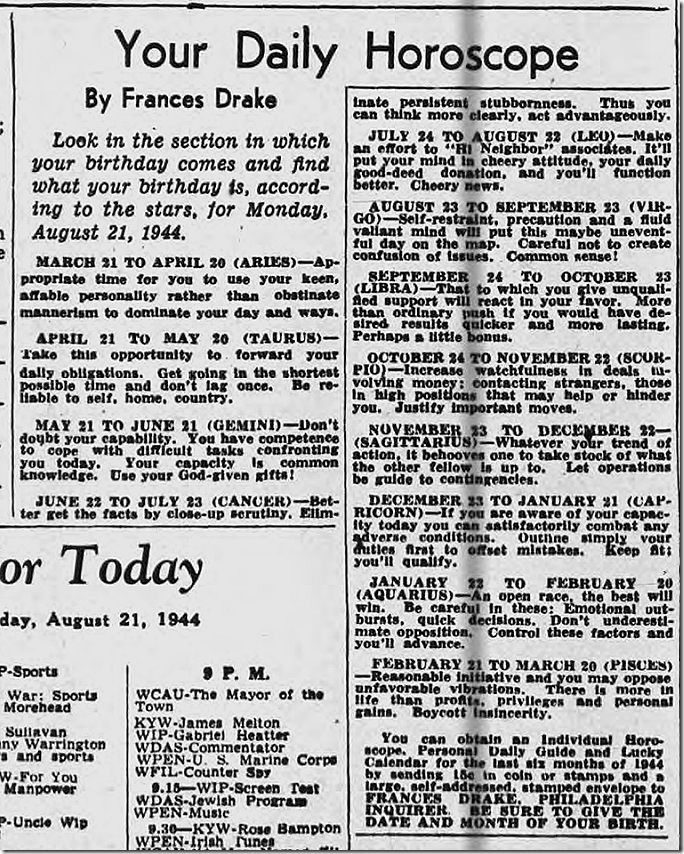 Aug. 21, 1944, Horoscope Aug. 21, 1944, Horoscope