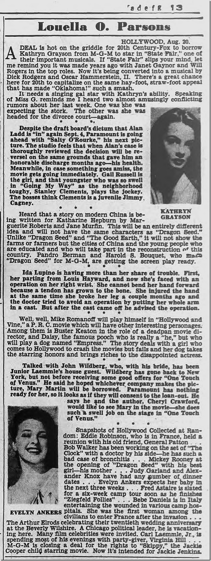 Aug. 21, 1944, Louella Parsons Aug. 21, 1944, Louella Parsons