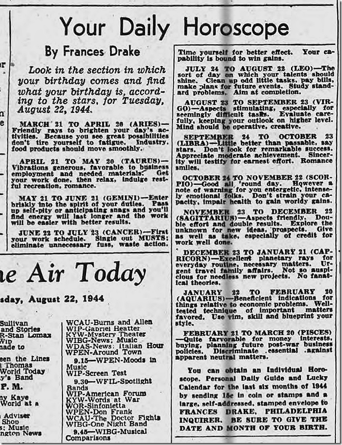 Aug. 22, 1944, Horoscope Aug. 22, 1944, Horoscope