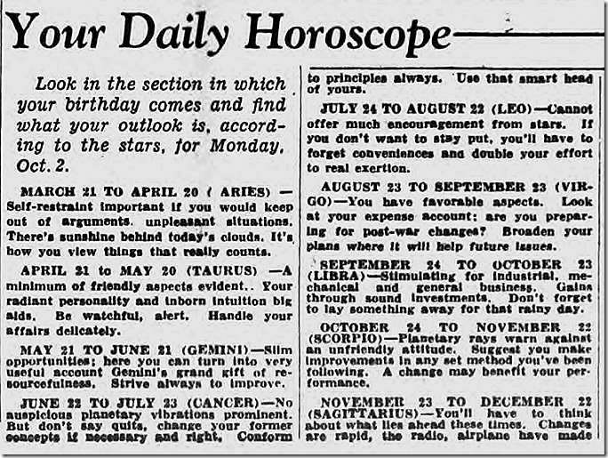 Oct. 2, 1944, Horoscope 