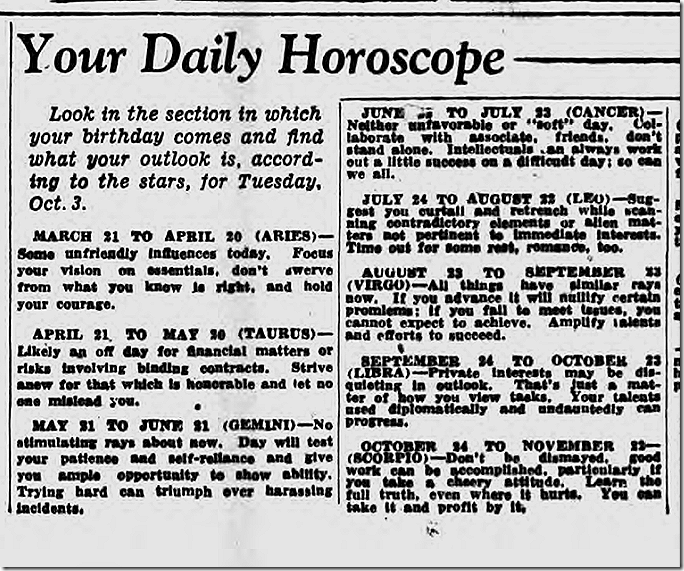 Oct. 3, 1944, Horoscope Oct. 3, 1944, Horoscope