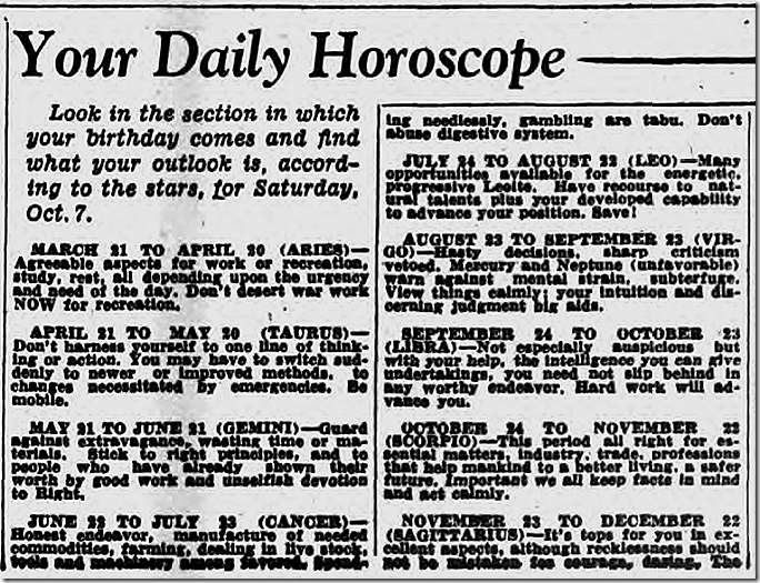 Oct. 7, 1944, Horoscope Oct. 7, 1944, Horoscope
