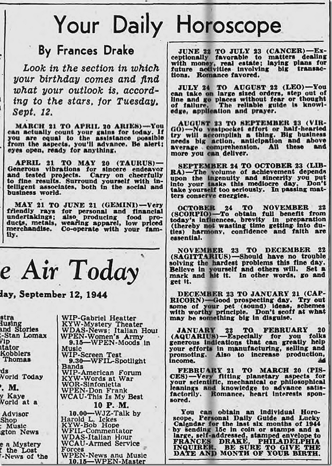 Sept. 12, 1944, Horoscope 