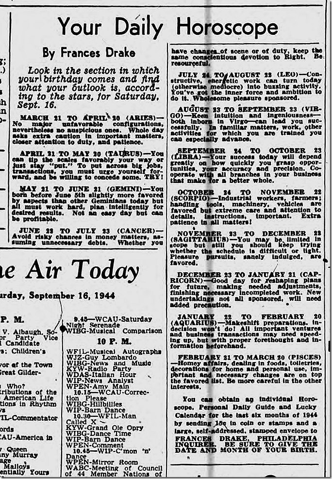 Sept. 16, 1944, Horoscope Sept. 16, 1944, Horoscope