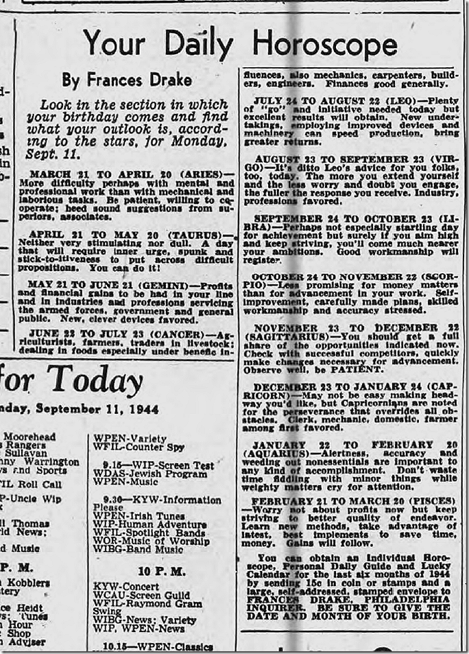 Sept. 11, 1944, Horoscope 