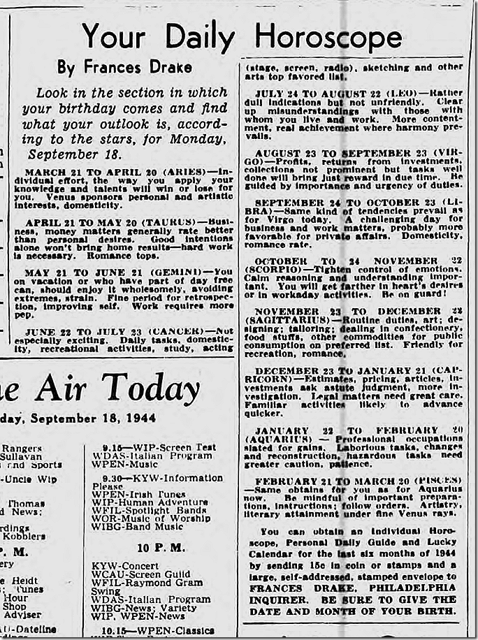Sept. 18, 1944, Horoscope Sept. 18, 1944, Horoscope