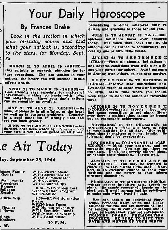 Sept. 25, 1944, Horoscope Sept. 25, 1944, Horoscope