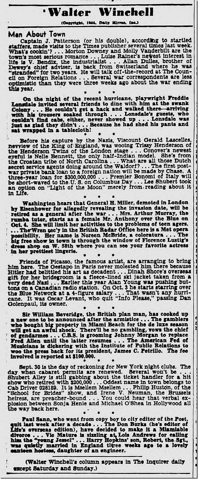 Sept. 25, 1944, Walter Winchell Sept. 25, 1944, Walter Winchell