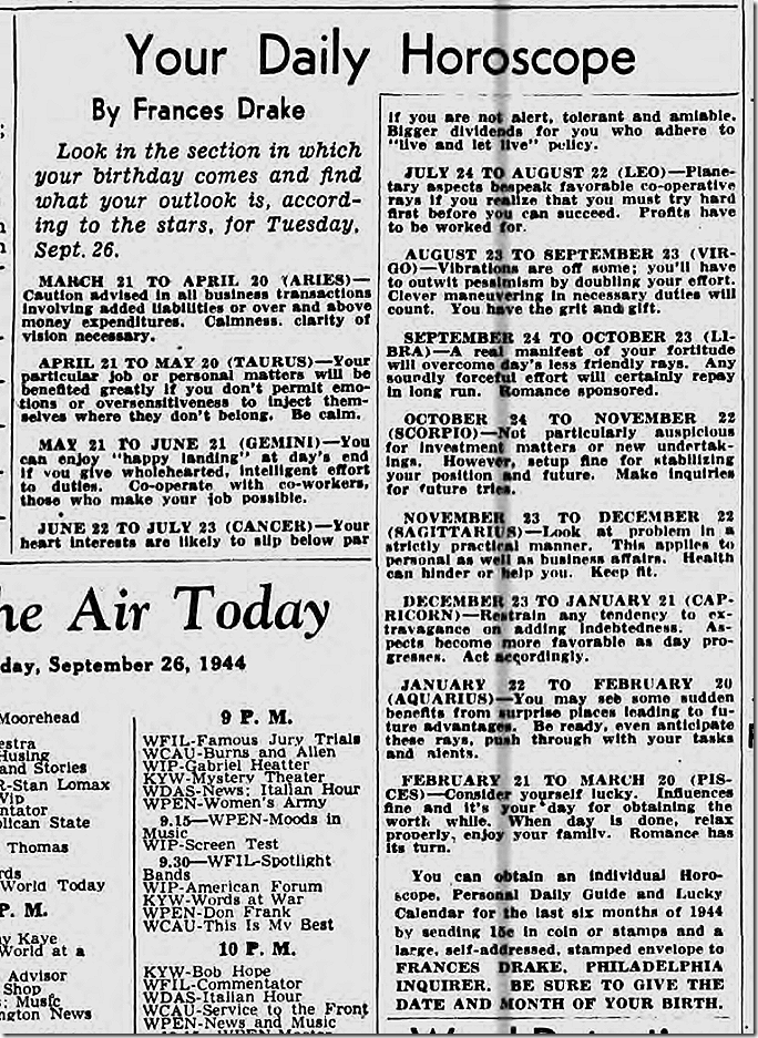 Sept. 26, 1944, Horoscope