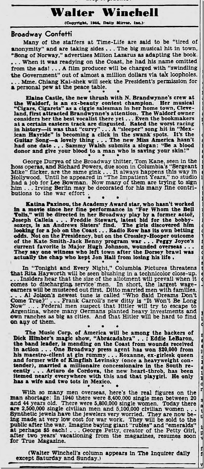 Sept. 26, 1944, Walter Winchell