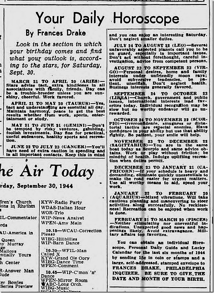 Sept. 30, 1944, Horoscope 