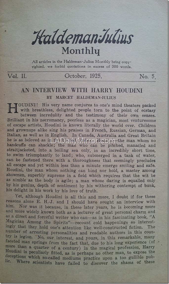 October 1925, Interview with Houdini October 1925, Interview with Houdini
