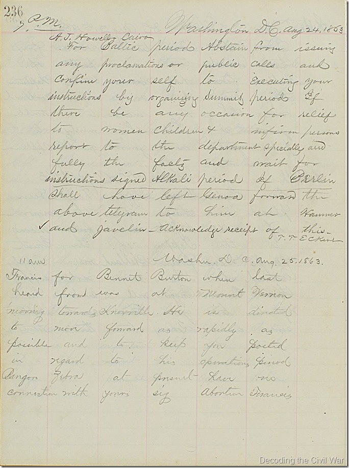 Aug. 24, 1863, telegram Aug. 24, 1863, telegram
