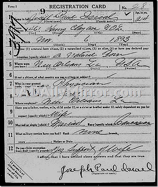Joseph Paul Israel draft registration
