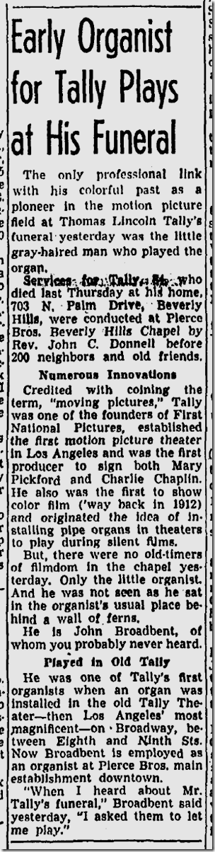 Nov. 26, 1945, Thomas Tally Obituary, Los Angeles Times 