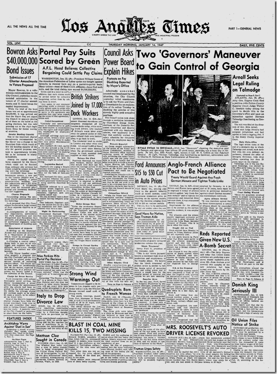 Jan. 16, 1947, Times Front Page Jan. 16, 1947, Times Front Page
