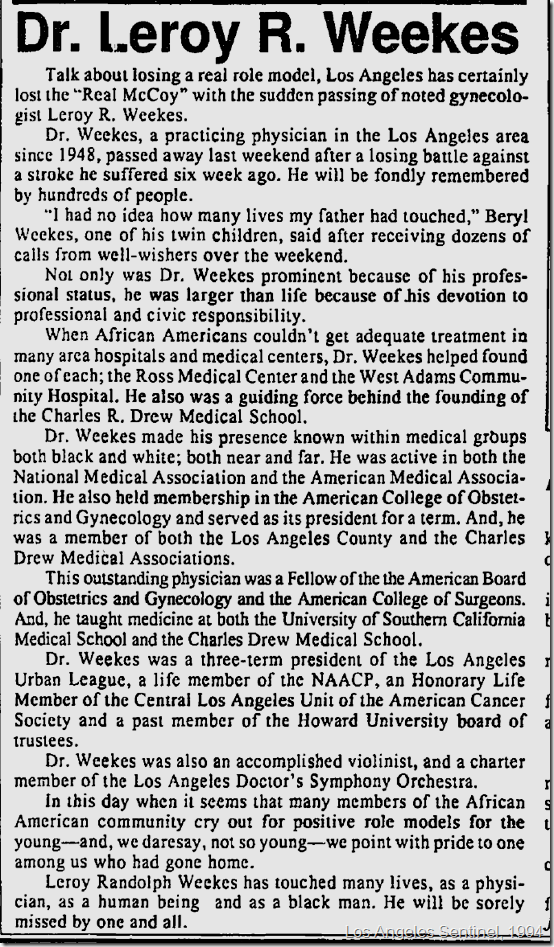 Dr. Leroy R. Weekes dies 