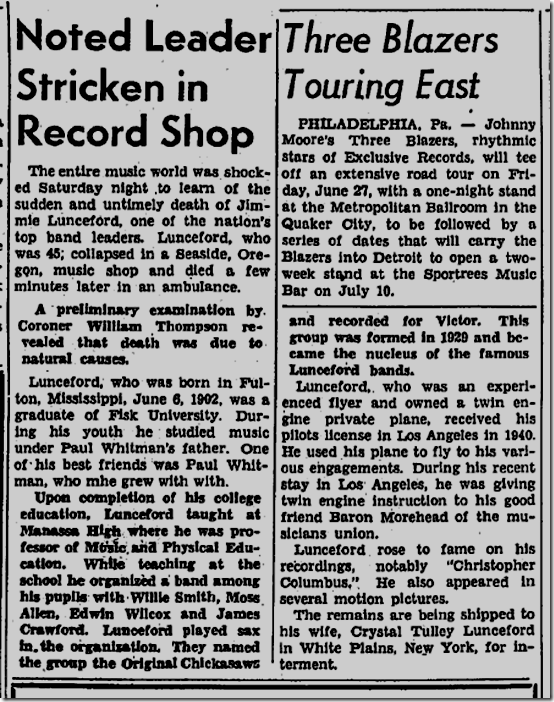 L.A. Sentinel, 1947, Jimmie Lunceford Dies