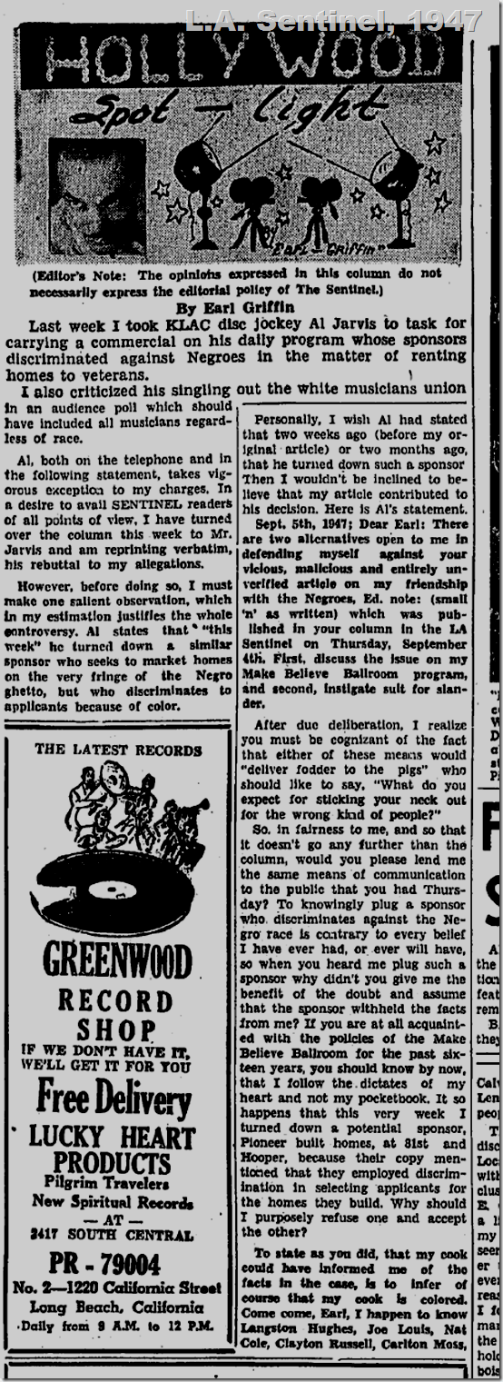 Sept. 11, 1947, L.A. Sentinel, Al Jarvis Sept. 11, 1947, L.A. Sentinel, Al Jarvis