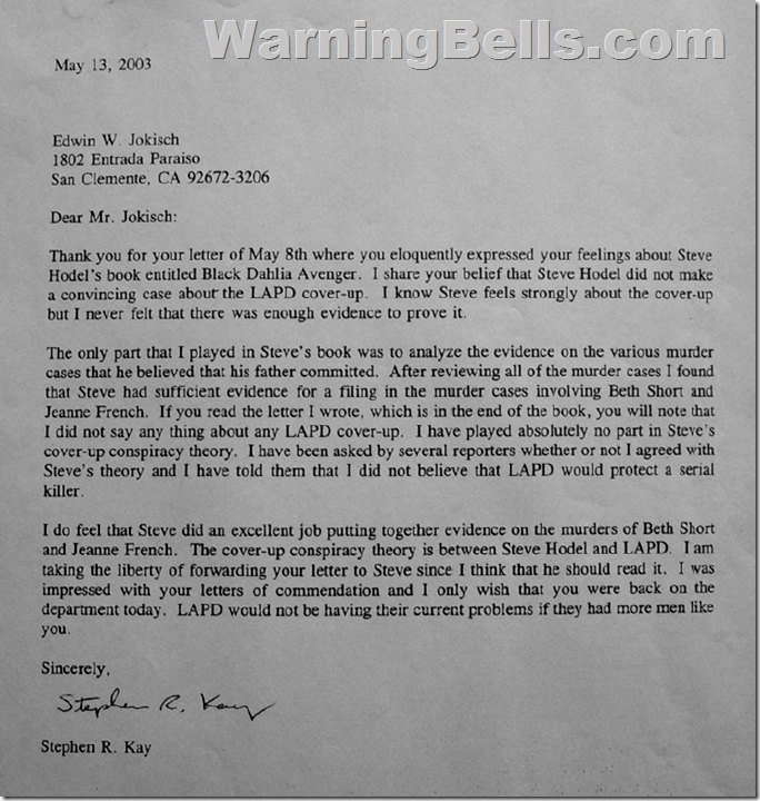 Stephen Kay Letter to Ed Jokisch