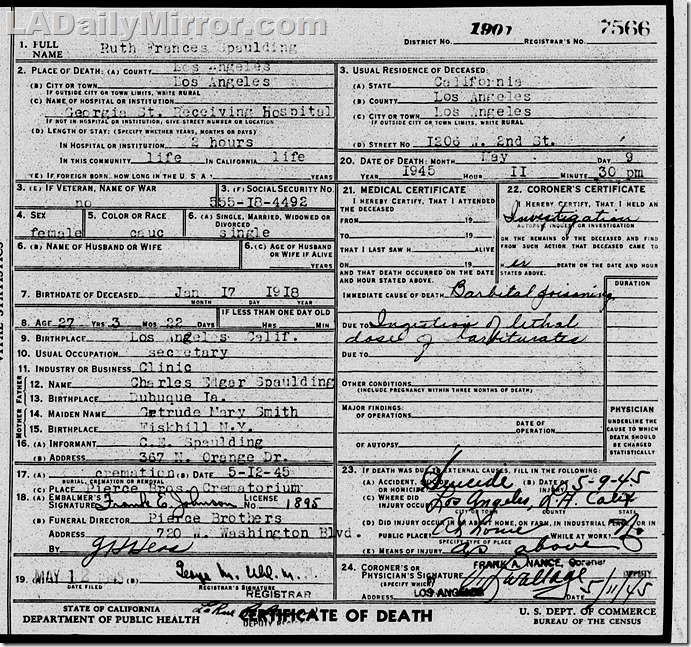 Ruth Spaulding Death Certificate Ruth Spaulding Death Certificate