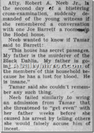 Dec. 17, 1949, Los Angeles Daily News, Tamar Hodel denies accusing George Hodel of killing Black Dahlia