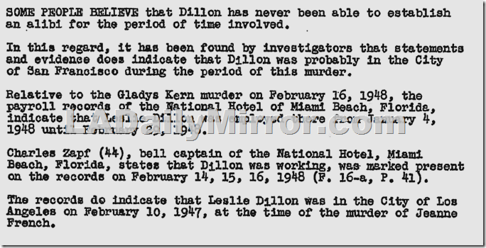 District Attorney's Lt. Frank Jemison report on Leslie Dillon , Nov. 23, 1949