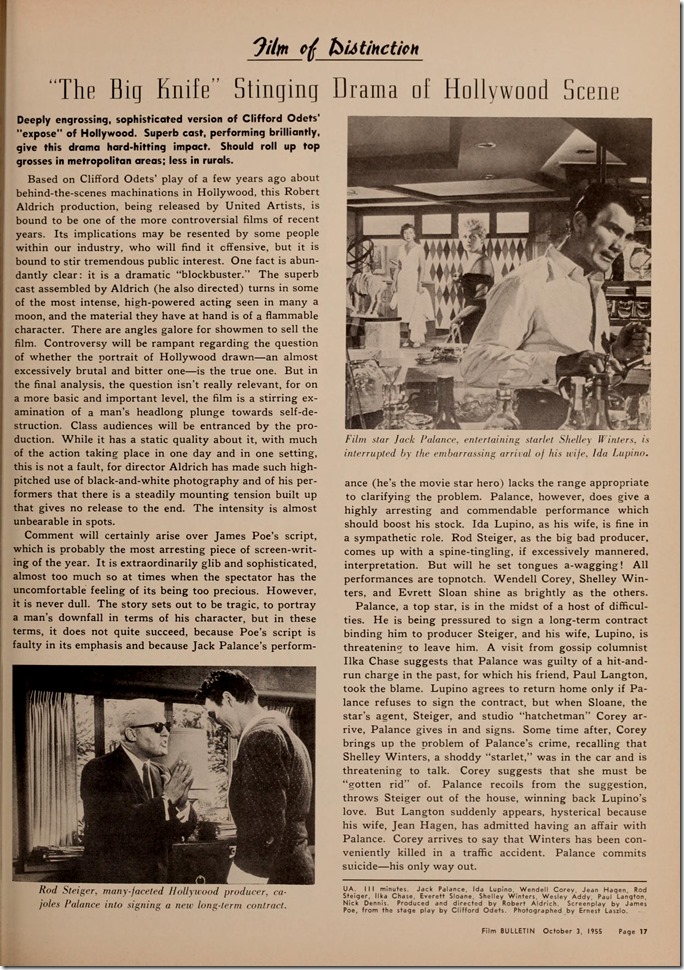 Film Bulletin, October 3, 1955, review of The Big Knife, photos of Rod Steiger and Jack Palance
