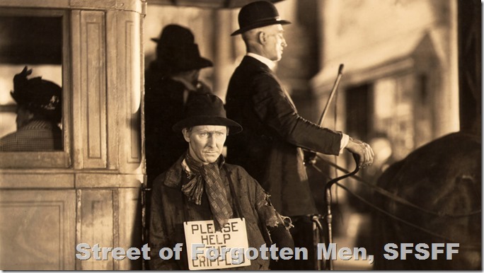 A man on a horse-drawn streetcar wears a sign saying Please Help the Crippled