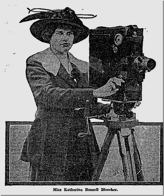 Katherine Bleecker with an early crank camera Katherine Bleecker with an early crank camera