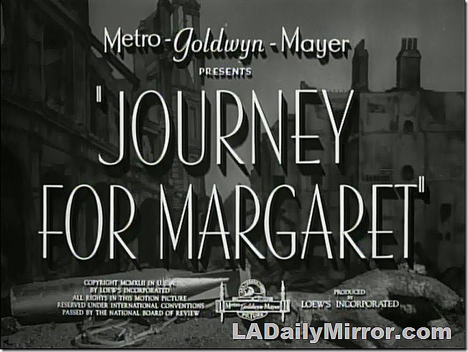 Journey for Margaret main title. Buildings in the foreground. A bomb and a child's stuffed toy in the foreground