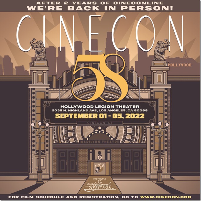 Cinecon poster, a movie facade with elephants like the Babylonian set of Intolerance