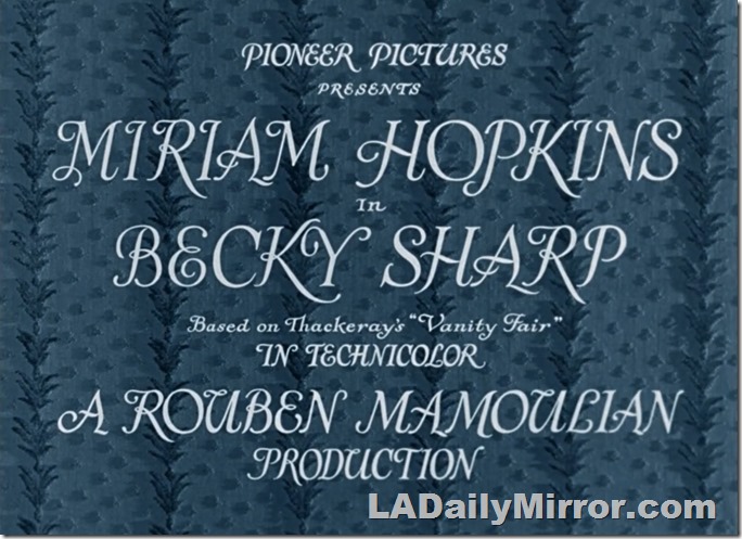 Main Title, Becky Sharp, elegant writing on a wallpaper background