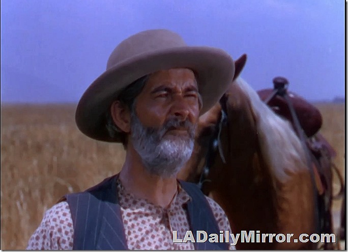 Mystery fellow has a gray beard and is wearing a vest and hat. A mystery horse is behind him. 
