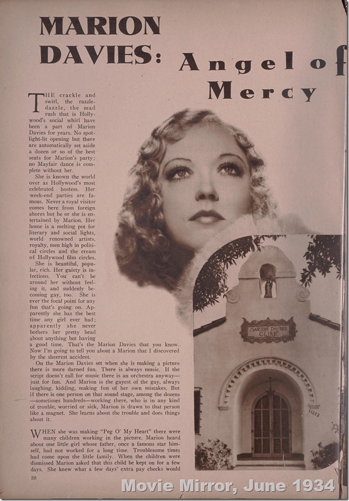 Marion Davies and a photo of the front of her clinic, in Spanish revival style Marion Davies and a photo of the front of her clinic, in Spanish revival style