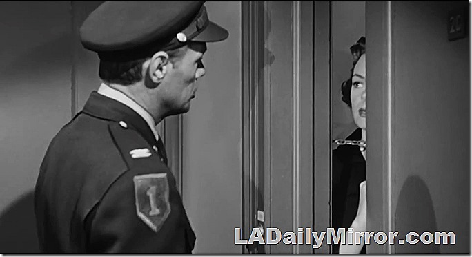 Woman looks out through chained door. Only a bit of her face is visible. 