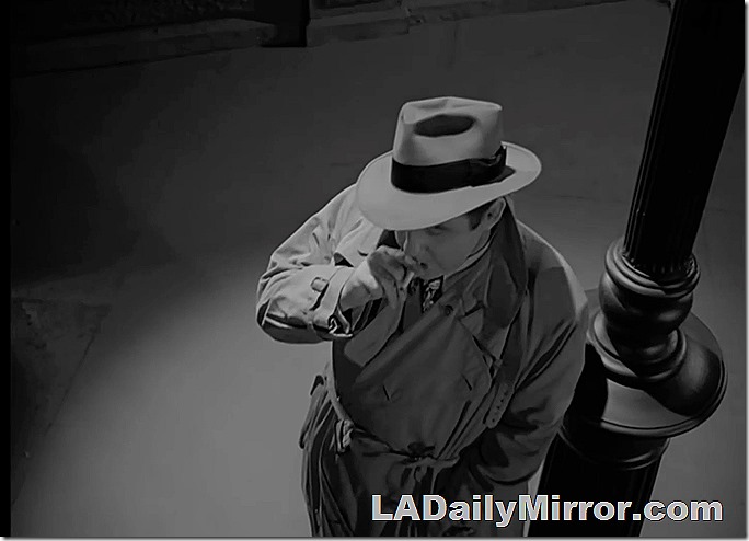 A man leaning against a lampost. He's wearing a trench coat and a hat. He's smoking a cigarette. He is mysterious. 