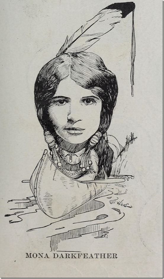 Drawing of woman in Native American costume in canoe.