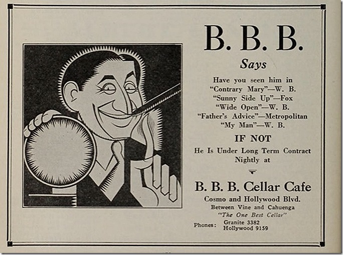 Ad for B.B.B. Cellar, caricature of a man smoking a cigar. 