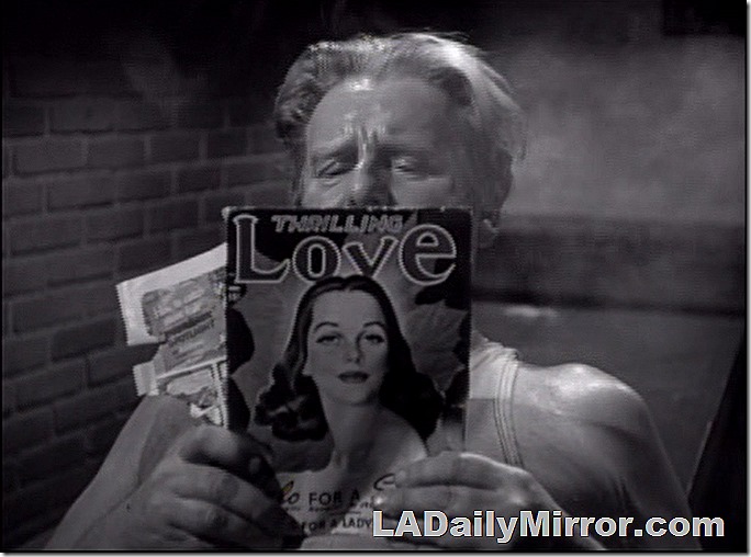 Man reading Thrilling Love pulp magazine
