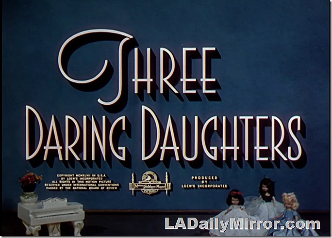 Main title in Art Deco lettering with artwork of piano and three daughters. 