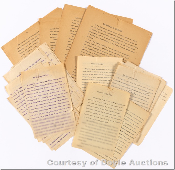 Typescript, blue on yellowed paper. 