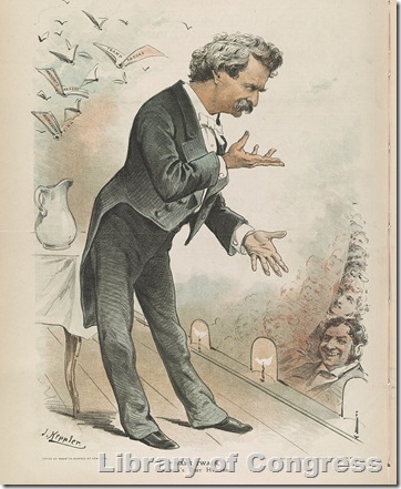 Illustration of Mark Twain on a stage, delivering a lecture. He's wearing a tuxedo and tails. 